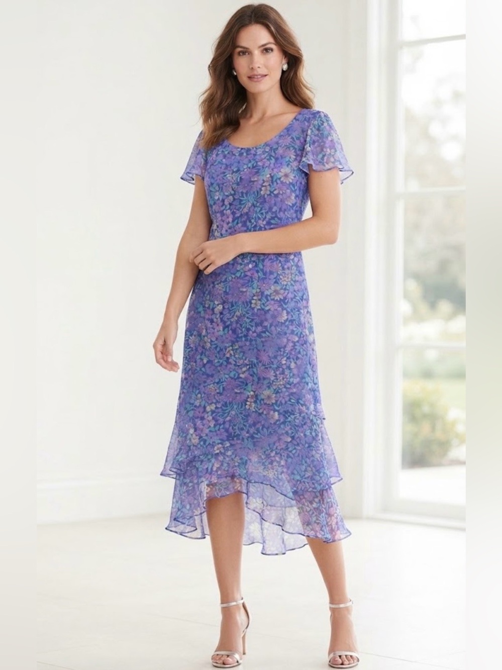 NWOT Liz Claiborne chiffon floral midi dress 3 tiered ruffled hemline flowy 8
